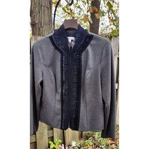 Coldwater Creek Sz 16 Gray Ponte Knit Ruffle Lace Mandarin Collar Jacket Women